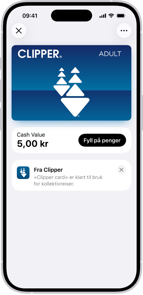 Et reisekort i Lommebok-appen. Under kortet vises saldoen, og ved siden av vises Fyll på penger-knappen.