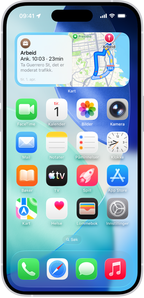 Kart-widgeten, andre widgeter og appsymboler vises på Hjem-skjermen på en iPhone.