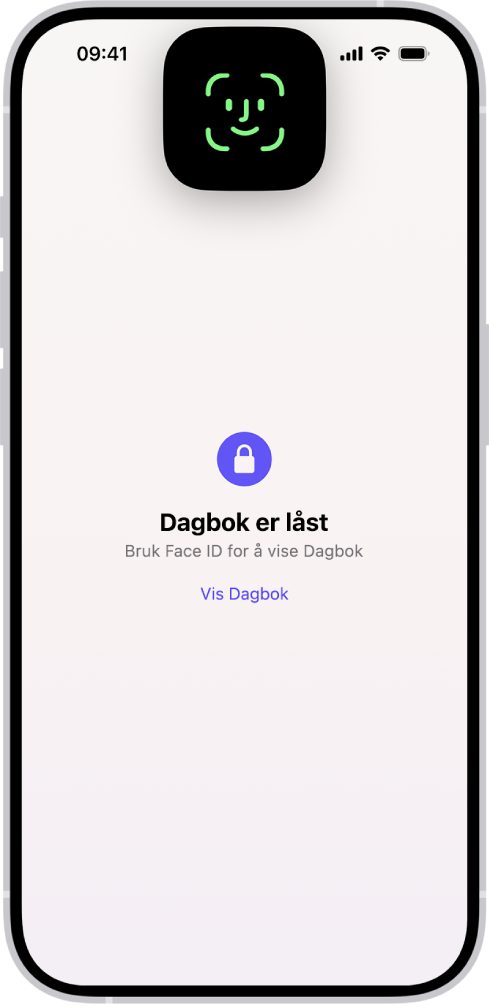 En skjerm i Dagbok-appen, som ber deg om å bruke Face ID for å låse opp dagboken din.