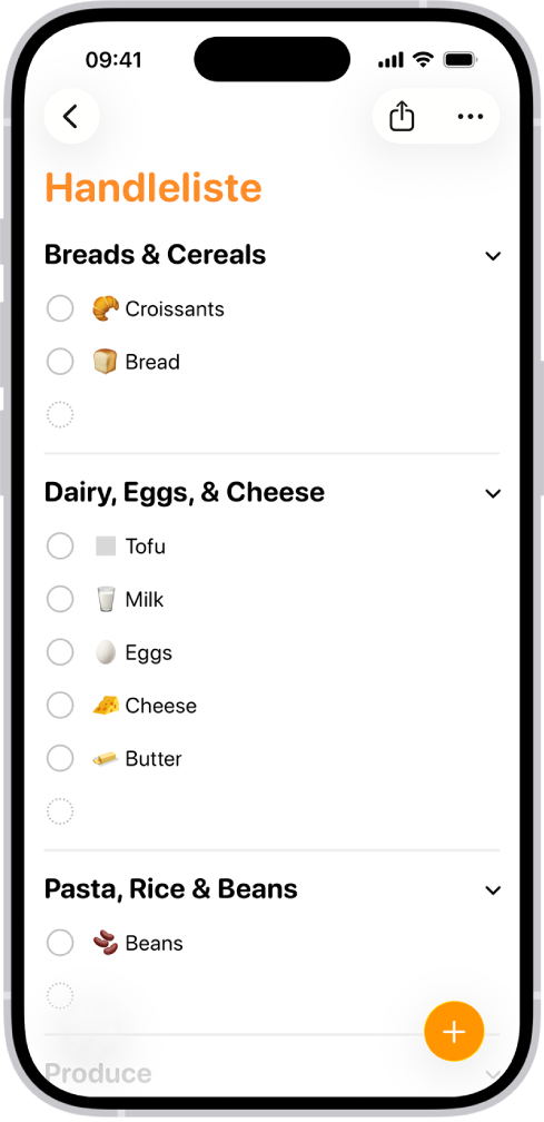 En handleliste i Påminnelser-appen.