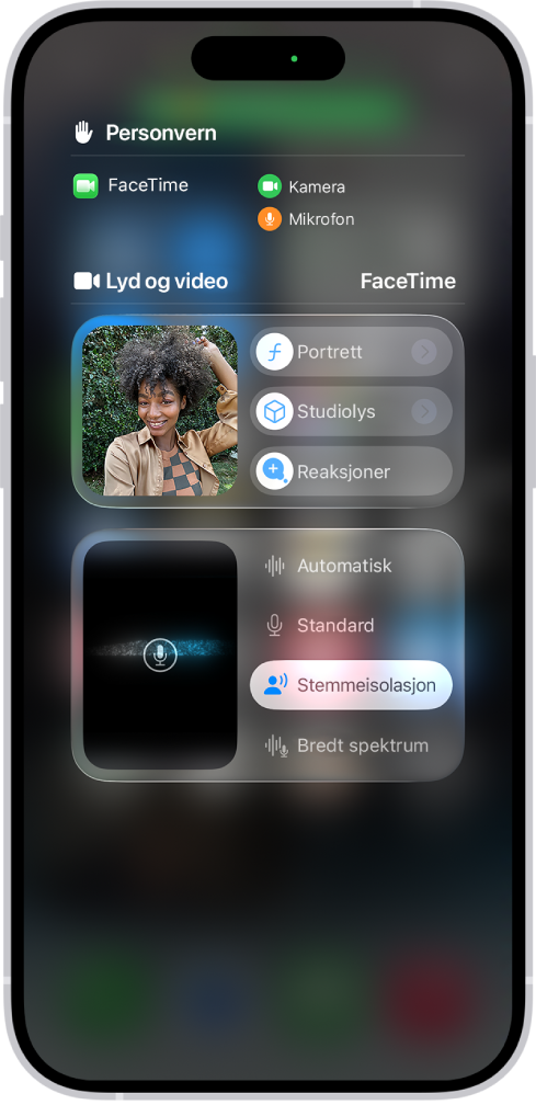 Kontrollsenter, som viser valg for lyd og videoeffekter.