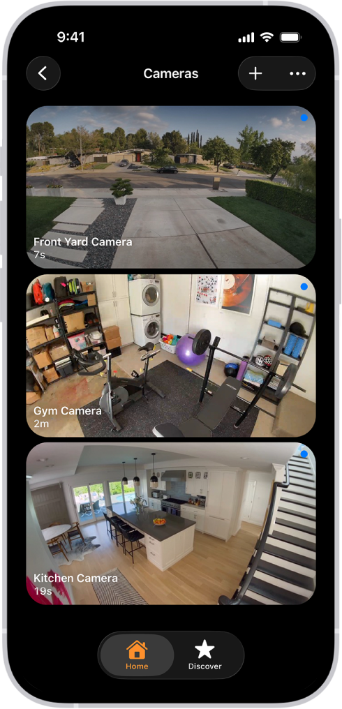 କ୍ୟାମେରା ସ୍କ୍ରୀନ୍, ଯେଉଁଥିରେ ତିନୋଟି ସୁରକ୍ଷା କ୍ୟାମେରା -ସମ୍ମୁଖ ବରଣ୍ଡା, ଘରର ଜିମ୍ ଏବଂ ରୋଷେଇ ଘରର ଇମେଜ୍ ଦେଖାଯାଉଛି। ପ୍ରତି କ୍ୟାମେରାର ନାମ ତଳେ ଇମେଜ୍ ଅପ୍ଡେଟ୍ ହେବା ଠାରୁ ଅତିବାହିତ ସମୟ ପ୍ରଦର୍ଶିତ ହୁଏ। ଉଦାହରଣ ସ୍ୱରୂପ, ସମ୍ମୁଖ ବରଣ୍ଡା କ୍ୟାମେରା ଦର୍ଶାଏ ଯେ ଇମେଜ୍ ଶେଷ ଥର ପାଇଁ 7 ସେକେଣ୍ଡ ପୂର୍ବରୁ ଅପ୍ଡେଟ୍ କରାଯାଇଥିଲା।