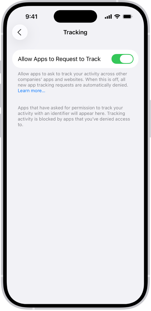 ଏକ ଟ୍ରାକିଂ ସ୍କ୍ରୀନ୍, ଯେଉଁଥିରେ ଅନ୍ୟ କମ୍ପାନୀଗୁଡିକ ମାଲିକାନାରେ ଥିବା ୱେବସାଇଟ୍ କିମ୍ୱା ଆପ୍ଗୁଡ଼ିକରେ ଆପଣଙ୍କ ଗତିବିଧି ଟ୍ରାକ୍ କରିବା ପାଇଁ ଅନୁରୋଧ କରିପାରେ କି ନାହିଁ ନିୟନ୍ତ୍ରଣ କରିବାକୁ ଏକ ସେଟିଂ ଅଛି।