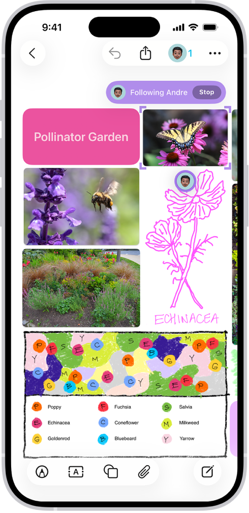 Freeform ଆପ୍ ଖୋଲା ଥିବା ଏକ iPhone। ବୋର୍ଡ୍ରେ ହସ୍ତାକ୍ଷର, ଟେକ୍ସ୍ଟ୍, ଡ୍ରଇଂ, ଆକୃତି, ଫଟୋ, ଭିଡିଓ, ଷ୍ଟିକି ନୋଟ୍, ଲିଙ୍କ୍ ଏବଂ ଅନ୍ଯନ୍ଯ ଫାଇଲ୍ ଅନ୍ତର୍ଭୁକ୍ତ।