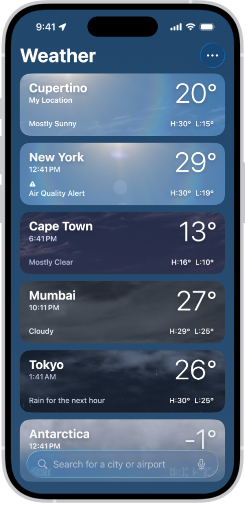 ପାଣିପାଗ ଆପ୍ରେ ସାମ୍ପ୍ରତିକ ସମୟ, ତାପମାତ୍ରା, ପୂର୍ବାନୁମାନ ଏବଂ ଉଚ୍ଚ ଓ ନିମ୍ନ ତାପମାତ୍ରା ସହିତ ସହରର ଏକ ଲିଷ୍ଟ୍ ପ୍ରଦର୍ଶିତ ହେଉଛି। ସ୍କ୍ରୀନ୍ର ନିମ୍ନରେ ସର୍ଚ୍ଚ୍ ଫିଲ୍ଡ୍ ଏବଂ ଶୀର୍ଷ-ଡାହାଣ କୋଣରେ “ଅଧିକ” ବଟନ୍ ଅଛି।