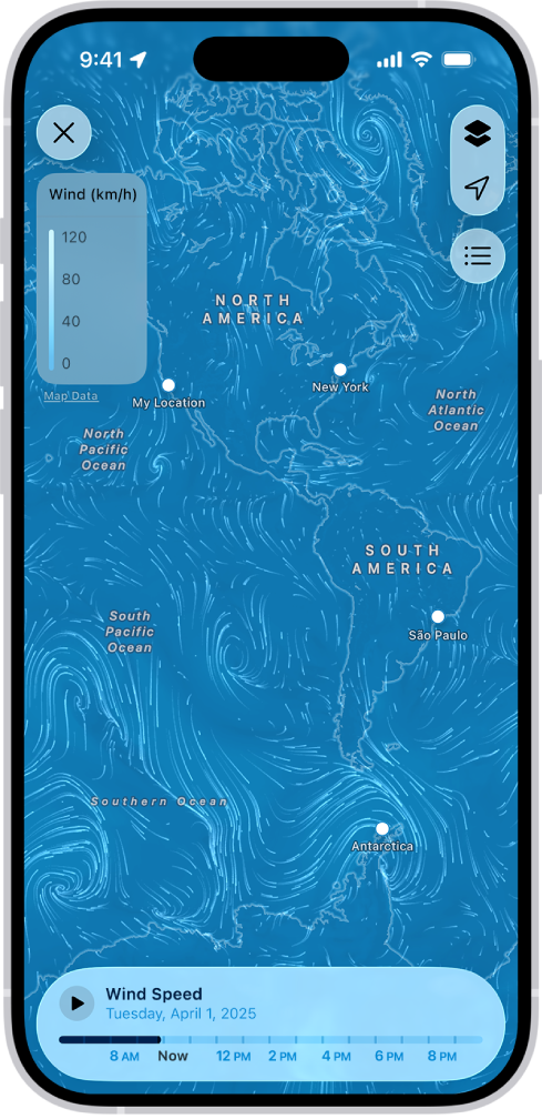 ਮੌਸਮ ਐਪ ਦੀ ਸਕਰੀਨ ’ਤੇ ਸਮੁੰਦਰੀ ਹਵਾ ਦਾ ਨਕਸ਼ਾ ਫੈਲ ਜਾਂਦਾ ਹੈ। “ਨਕਸ਼ਾ ਬੰਦ ਕਰੋ” ਬਟਨ ਅਤੇ “ਹਵਾ ਵਾਲੇ ਨਕਸ਼ੇ ਦਾ ਓਵਰਲੇ ਸਕੇਲ” ਸਿਖਰਲੇ-ਖੱਬੇ ਕੋਨੇ ਵਿੱਚ ਹਨ। ਸਿਖਰਲੇ-ਸੱਜੇ ਕੋਨੇ ਵਿੱਚ, ਉੱਪਰ ਤੋਂ ਹੇਠਾਂ, “ਓਵਰਲੇ ਮੈਨਿਊ”, “ਮੌਜੂਦਾ ਟਿਕਾਣਾ” ਅਤੇ “ਟਿਕਾਣਾ” ਬਟਨ ਹਨ। ਹੇਠਾਂ ਦੇ ਨਾਲ ਇੱਕ ਟਾਈਮਲਾਈਨ ਹੈ।