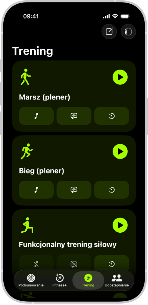 Ekran treningu w aplikacji Fitness pokazujący trzy typy treningów. Przyciski umożliwiające rejestrowanie ćwiczeń i podłączenie monitora tętna są u góry ekranu.