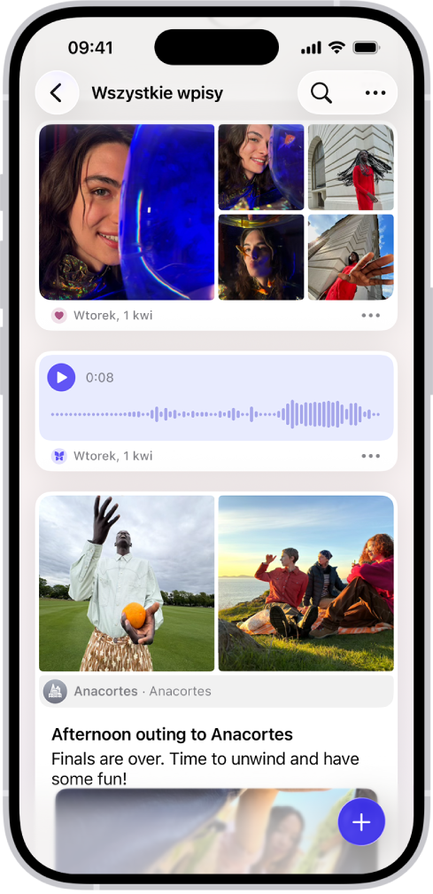 Ekran w aplikacji Dziennik przedstawiający wpisy dziennika. W prawym górnym rogu widoczny jest przycisk Szukaj.