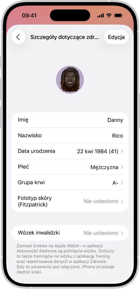 Ekran szczegółów dotyczących zdrowia. Widoczne są pola z imieniem i nazwiskiem, datą urodzenia, grupą krwi oraz innymi informacjami.
