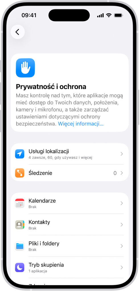 Ekran Prywatność i ochrona w Ustawieniach.