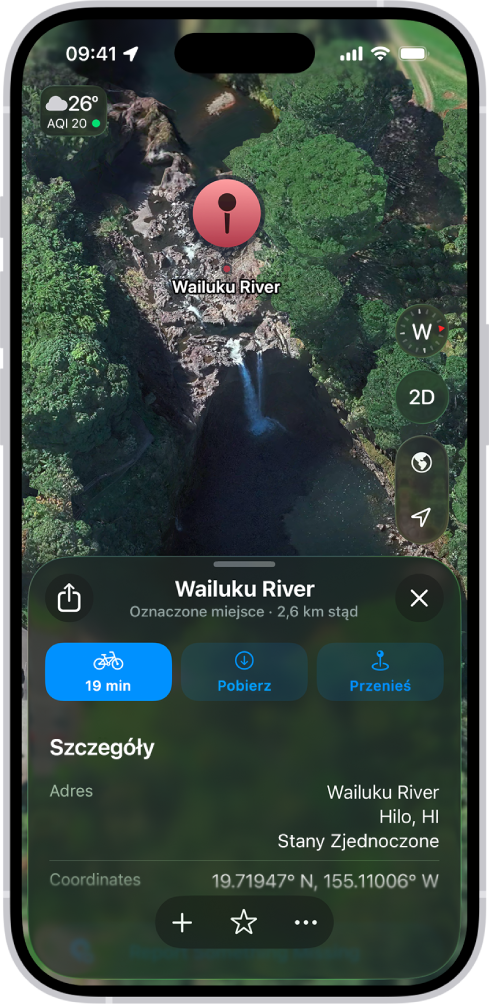 Mapa pokazująca pinezkę umieszczoną w parku. Poniżej widoczne są przyciski umożliwiające uzyskanie trasy do pinezki, pobranie mapy okolicy oraz zmianę położenia pinezki.