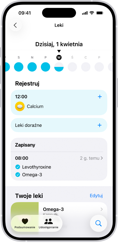 Ekran Leki w aplikacji Zdrowie, zawierający datę oraz dziennik przyjmowania leków.