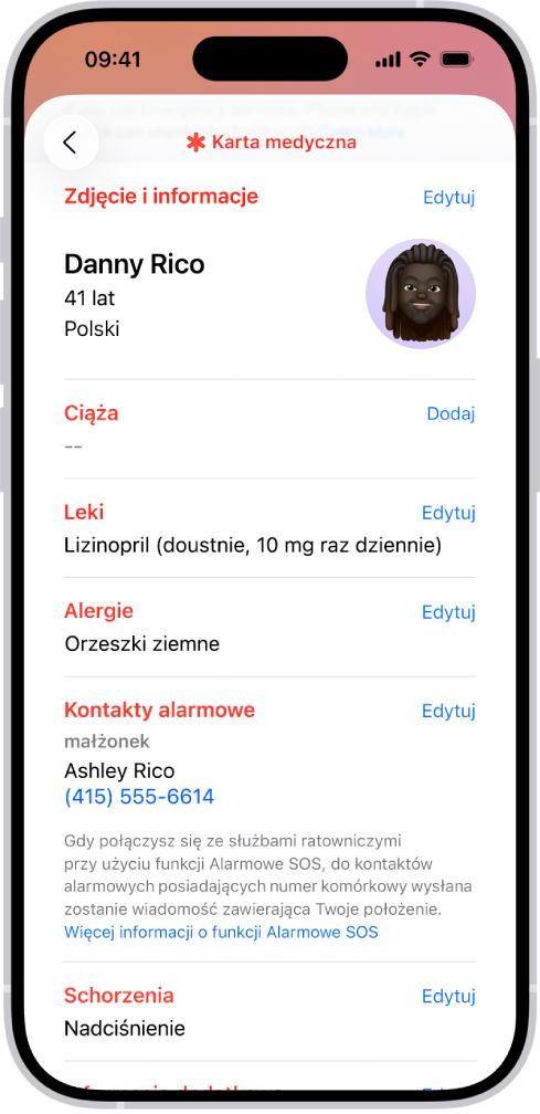 Ekran karty medycznej z takimi informacjami, jak data urodzenia, leki, alergie, kontakty alarmowe oraz schorzenia.