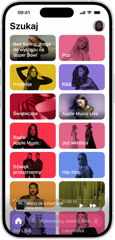 Karta Szukaj. U góry ekranu widoczne jest pole wyszukiwania. Poniżej widoczne są różne kategorie muzyki, takie jak Przeboje oraz Dobrostan.