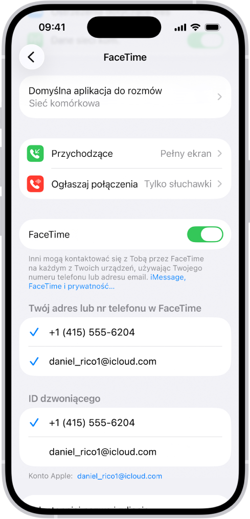 Ekran ustawień FaceTime. Widoczna jest opcja Domyślna aplikacja do rozmów, przełącznik umożliwiający włączenie lub wyłączenie FaceTime oraz konto Apple używane do połączeń FaceTime.