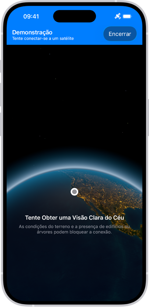 A demonstração da conexão por satélite, disponível nos Ajustes, oferece uma pré-visualização do que você vê quando abre o app Mensagens em um iPhone 14 ou posterior sem ter cobertura de rede celular ou Wi-Fi.