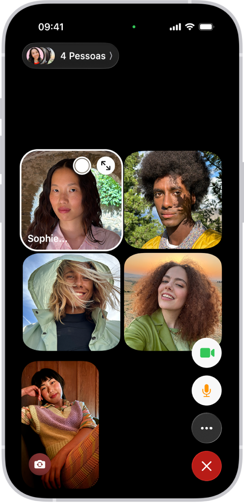 Uma ligação do FaceTime em Grupo com cinco participantes em quadros separados.