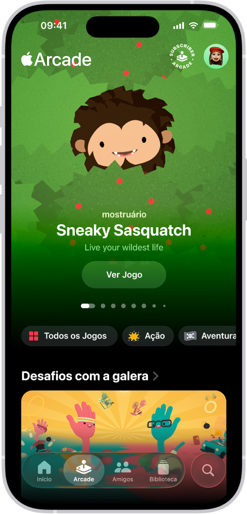 Apple Games mostrando a aba Arcade, com uma ilustração promocional de um jogo em destaque. Na parte inferior da tela estão as abas Início, Arcade, Amigos, Biblioteca e Buscar. A aba Arcade está selecionada.
