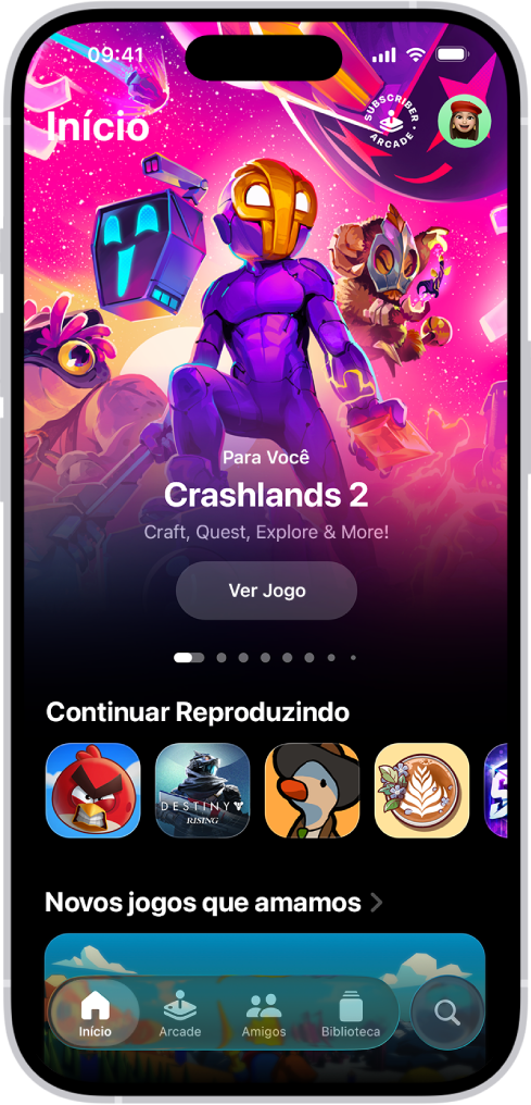 Apple Games mostrando a aba Início, com os jogos para continuar jogando e novos lançamentos.