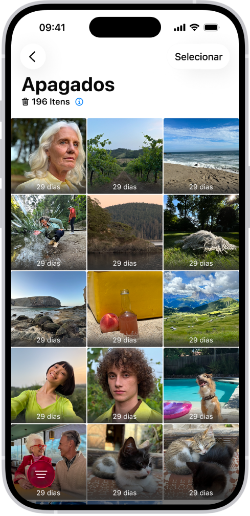 A pasta Apagados no app Fotos. As fotos apagadas recentemente aparecem em uma grade na tela.