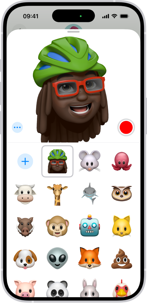 O painel Memoji na aplicação Mensagens. Na parte superior, um Memoji animado reflete a expressão facial do utilizador. Um botão de gravar aparece à direita do Memoji animado. Na parte inferior do ecrã encontram-se outras opções de Memoji, juntamente com um botão para adicionar um novo Memoji.