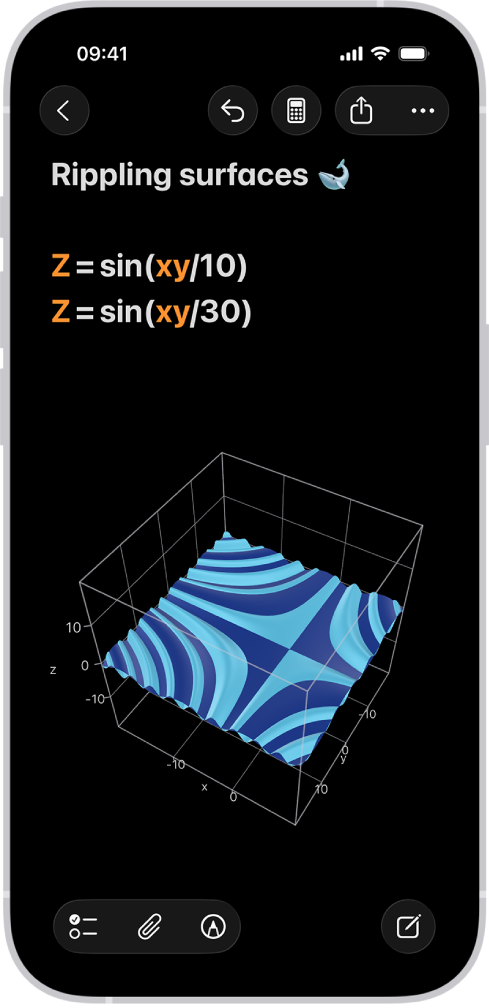 Notas de matemática na aplicação Calculadora no iPhone a mostrar duas equações de 3 variáveis e os gráficos 3D correspondentes combinados no mesmo espaço.