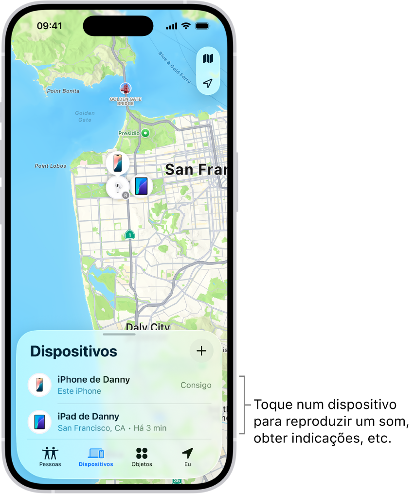 O ecrã de Encontrar, com a lista Dispositivos aberta. Há dois dispositivos na lista Dispositivos: iPhone do Sérgio e iPad do Sérgio. As localizações são mostradas num mapa.