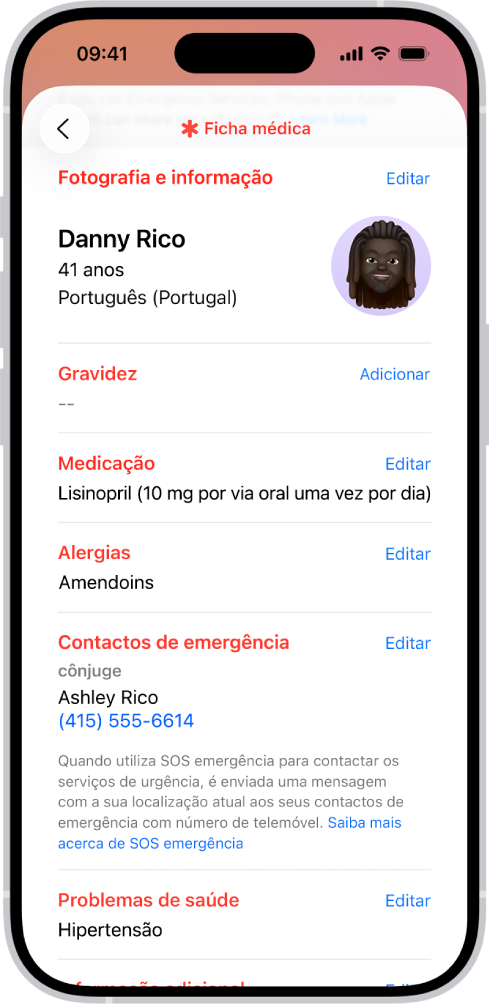 Um ecrã da ficha médica com informação como a data de nascimento, medicamentos, alergias, contactos de emergência e problemas de saúde.