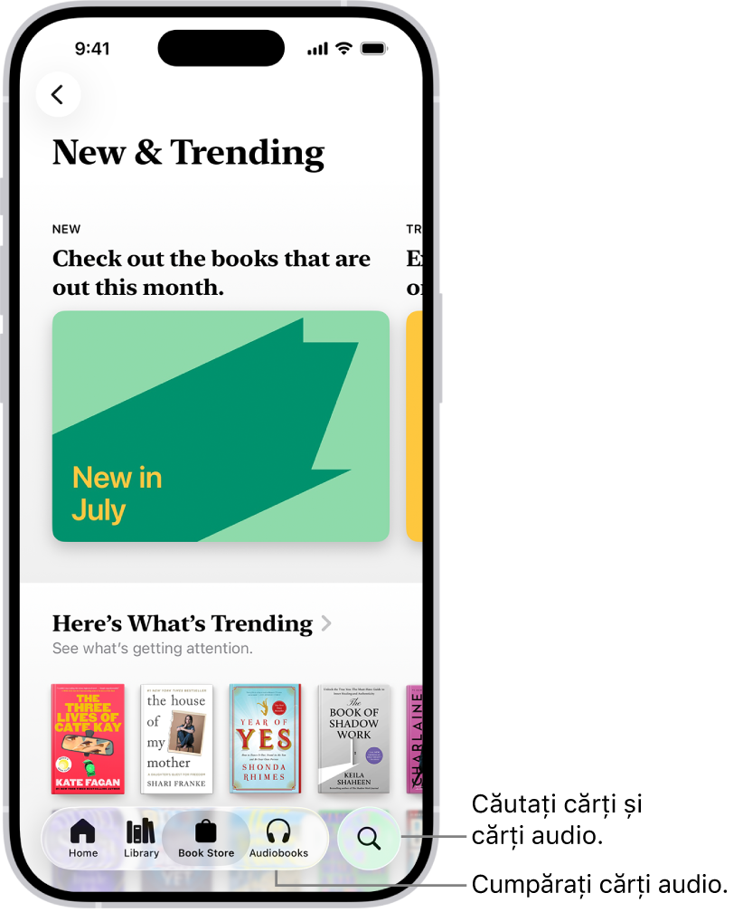 Ecranul Book Store din aplicația Cărți. În partea de jos a ecranului, de la stânga la dreapta, se află filele Acasă, Bibliotecă, Book Store, Cărți audio și Căutare. Fila Book Store este selectată.