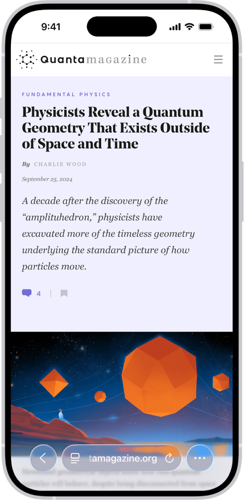 Un site web deschis în Safari, cu aranjamentul de file Compact. În partea de jos, de la stânga la dreapta, se află butonul Înapoi, butonul meniu Pagină, câmpul de căutare, butonul Reîncărcare și butonul Mai multe.