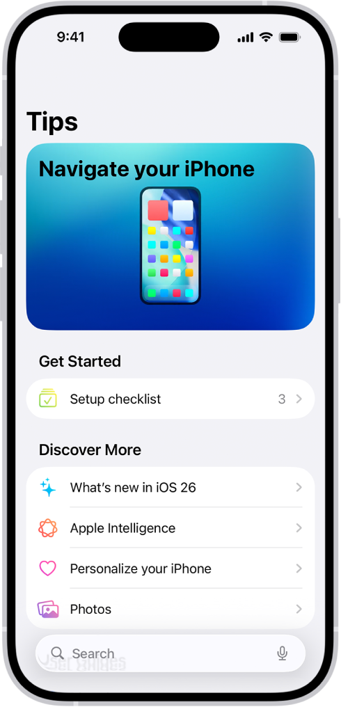 Un ecran care afișează o colecții de sfaturi, cu săgeți indicând faptul că puteți apăsa pe o colecție pentru a afișa sfaturile din ea.