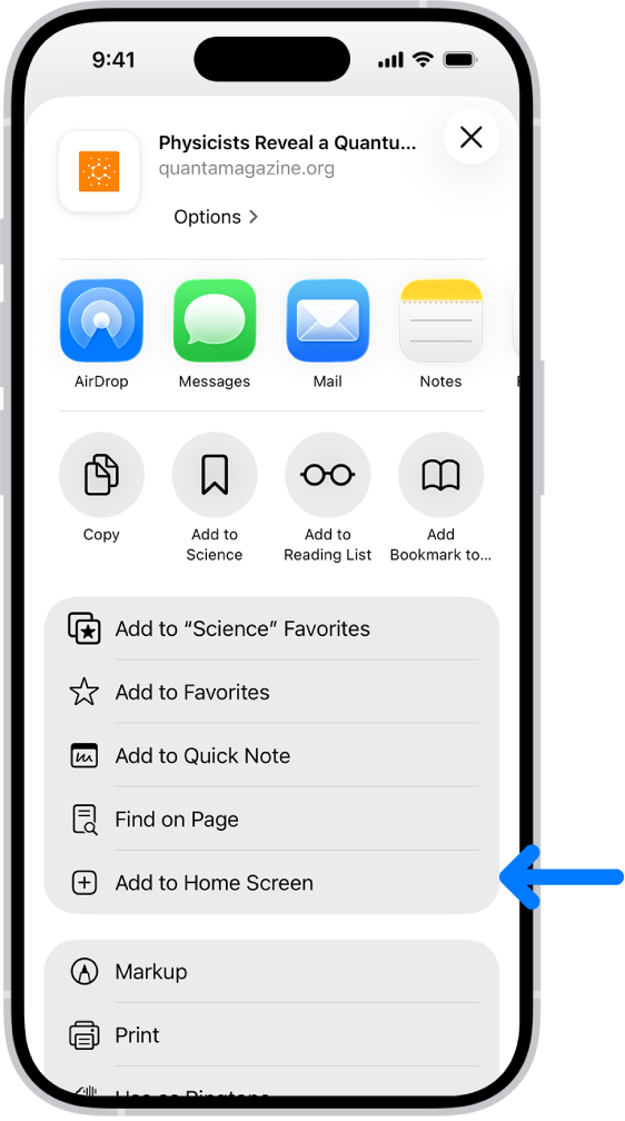 În Safari, a fost apăsat butonul Partajați pe un site web, afișând o listă de opțiuni, inclusiv Adăugați la ecranul principal.