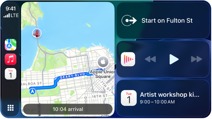 Un tablou de bord CarPlay afișând Hărți, Muzică și Mesaje în bara laterală. În dreapta se află harta Apple Park, o fereastră de navigare și o fereastră În redare.