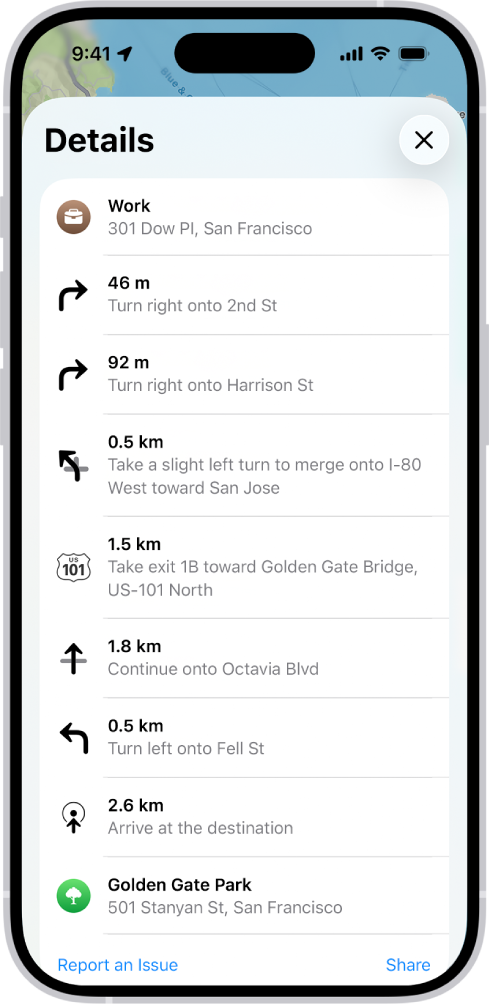 Itinerarul pas cu pas afișat sub formă de listă.
