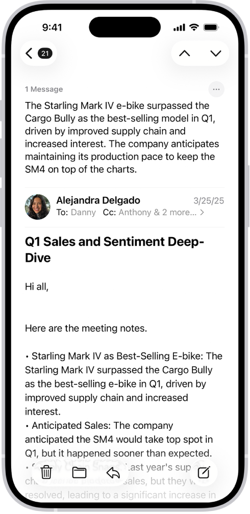 Ecranul unui iPhone afișând un e-mail. Un rezumat al e-mailului apare în partea de sus a ecranului.