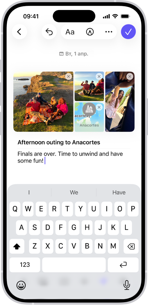 Экран создания записи с фотографиями в приложении «Дневник».