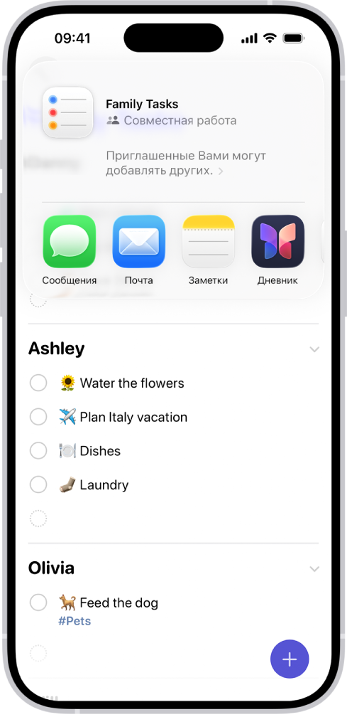В приложении «Напоминания» отображается список продуктов, внизу представлены параметры, которые позволят поделиться списком.
