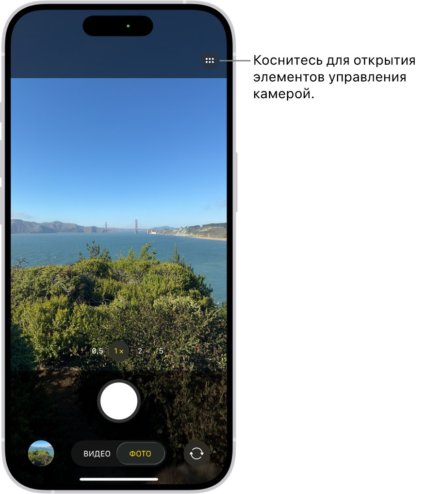 Открыто приложение «Камера» в режиме «Фото». Кнопка элементов управления камерой находится в правом верхнем углу. Кнопка просмотра снятых фото и видео находится в левом нижнем углу. Кнопка съемки фото расположена по центру в нижней части экрана, а кнопка выбора камеры на задней панели — в правом нижнем углу.