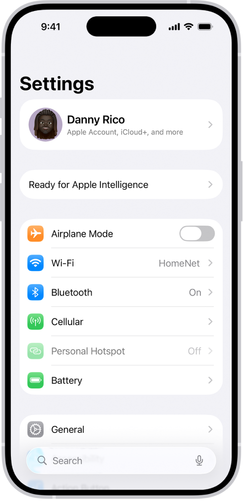 Obrazovka Nastavenia s vyhľadávacím poľom v hornej časti a niekoľkými nastaveniami nižšie, napríklad Wi-Fi, Hlásenia a Zvuky a haptika.