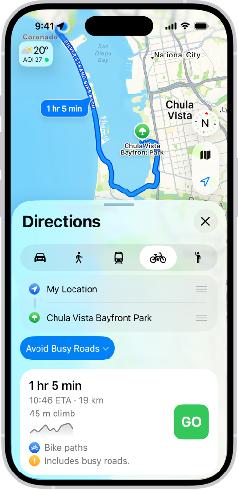 Zemljevid, ki prikazuje možnosti kolesarskih poti. Kartica poti na dnu vsebuje podrobnosti, kar vključuje ocenjene čase, spremembe nadmorske višine in vrsto cest. Desno od podrobnosti se prikaže gumb Pojdi.