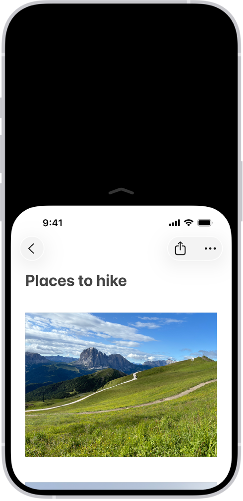 Zaslon iPhona z aktivirano možnostjo Dosegljivost. Vrh zaslona se je pomaknil navzdol, s čimer je na dosegu vašega palca.
