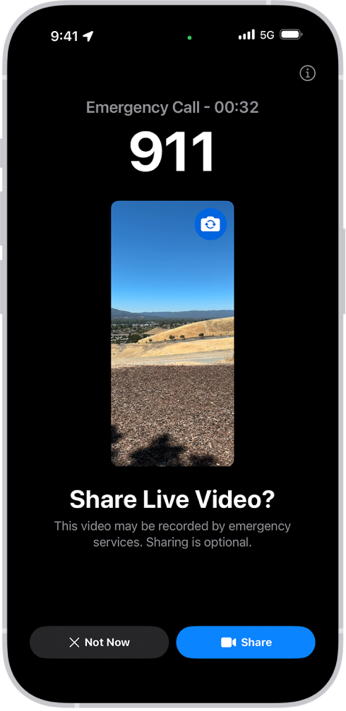 Zaslon Video v živo za nujni poziv SOS, ki prikazuje klic v sili 911 s predogledom videoposnetka na sredini. Na dnu so gumbi za Ne zdaj in Deli video.