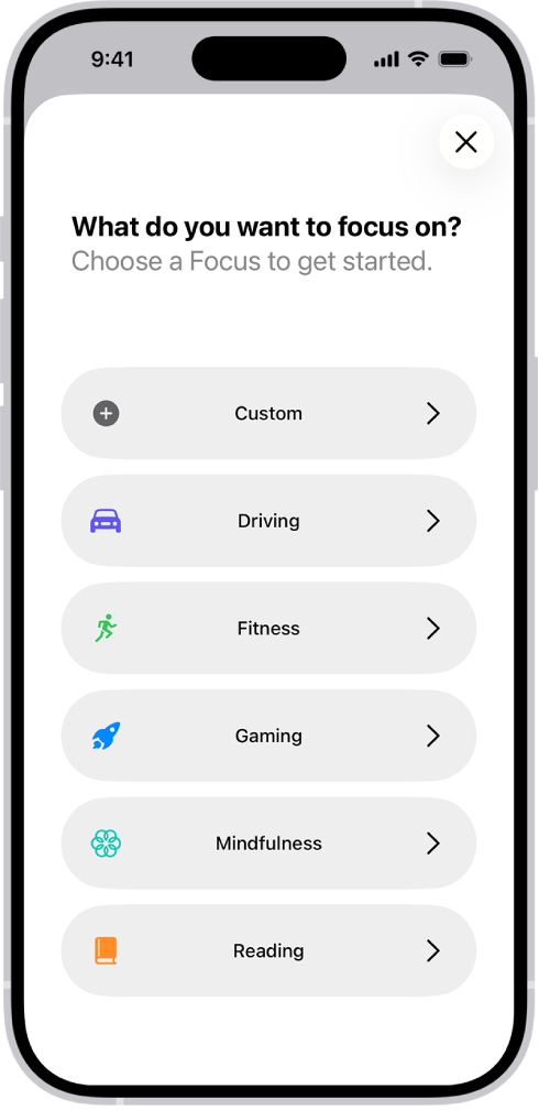 Një ekran i konfigurimit të Focus për opsionet shtesë të dhëna të Focus, duke përfshirë Custom, Driving, Fitness, Gaming, Mindfulness dhe Reading.