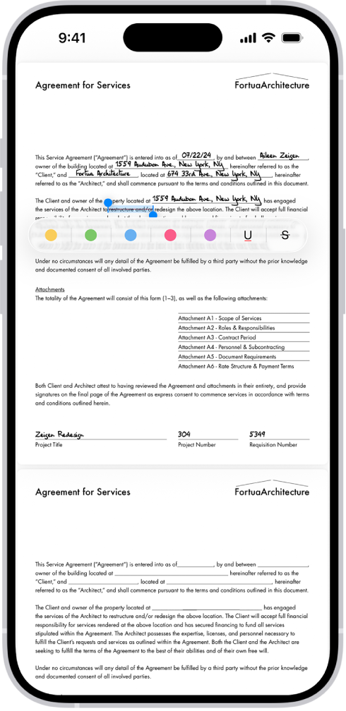 PDF уговора о коришћењу услуге у апликацији Preview са истакнутим и прецртаним деловима текста. Испод текста су приказана дугмад Highlight, Underline и Strike Through.
