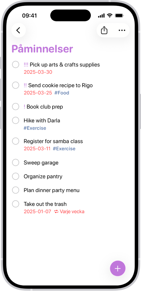 Appen Påminnelser med en ny uppgift som läggs till i listan i Påminnelser.
