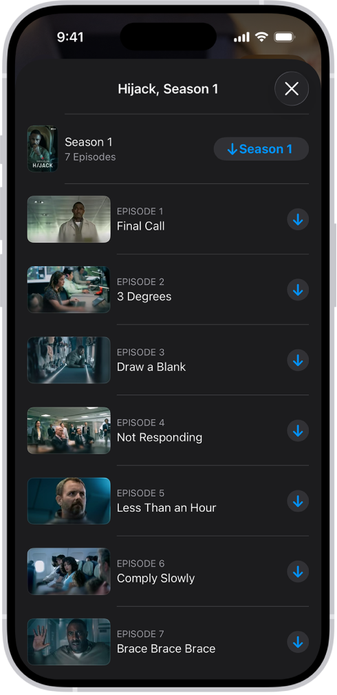 Apple Original ఎపిసోడ్ల జాబితాను చూపుతున్న Apple TV ట్యాబ్. మొత్తం సీజన్ను డౌన్లోడ్ చేయడానికి బటన్లు, ప్రతి ఎపిసోడ్ స్క్రీన్ కుడి వైపున కనిపిస్తుంది.