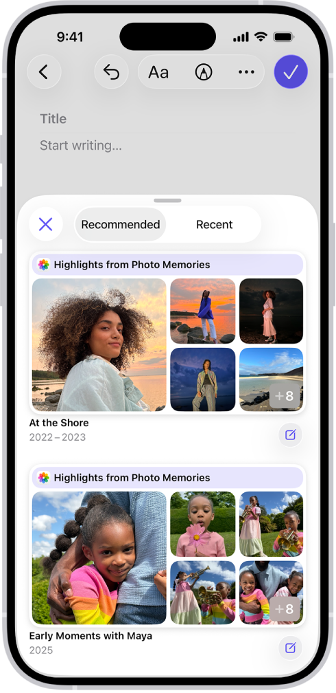 జర్నల్ యాప్లోని ఫోటో హైలైట్లను జర్నలింగ్ సూచనలుగా చూపుతున్న స్క్రీన్.