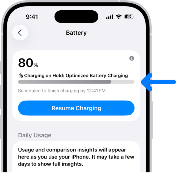 iPhone బ్యాటరీ సెట్టింగ్లలో ఛార్జింగ్ సమాచారం కార్డ్. “ఛార్జింగ్ ఆన్ హోల్డ్” సందేశంతో 80 శాతం బ్యాటరీని చూపుతుంది: బ్యాటరీ ఛార్జింగ్ను ఆప్టిమైజ్ చేయడం” ఇది “ఛార్జింగ్ తిరిగి ప్రారంభించండి” ఎంపికతో 12:41 PM నాటికి పూర్తి కావడానికి షెడ్యూల్ చేయబడింది.