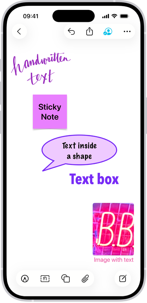 บอร์ด Freeform ที่มีข้อความแสดงในรูปแบบการวาด โน้ตแปะ รูปร่าง กล่องข้อความ และภาพ