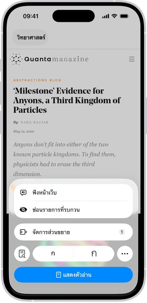 ใน Safari ปุ่มเมนูหน้าบนเว็บไซต์ถูกแตะไว้ ซึ่งแสดงตัวเลือกต่างๆ รวมถึง ซ่อนรายการที่รบกวน